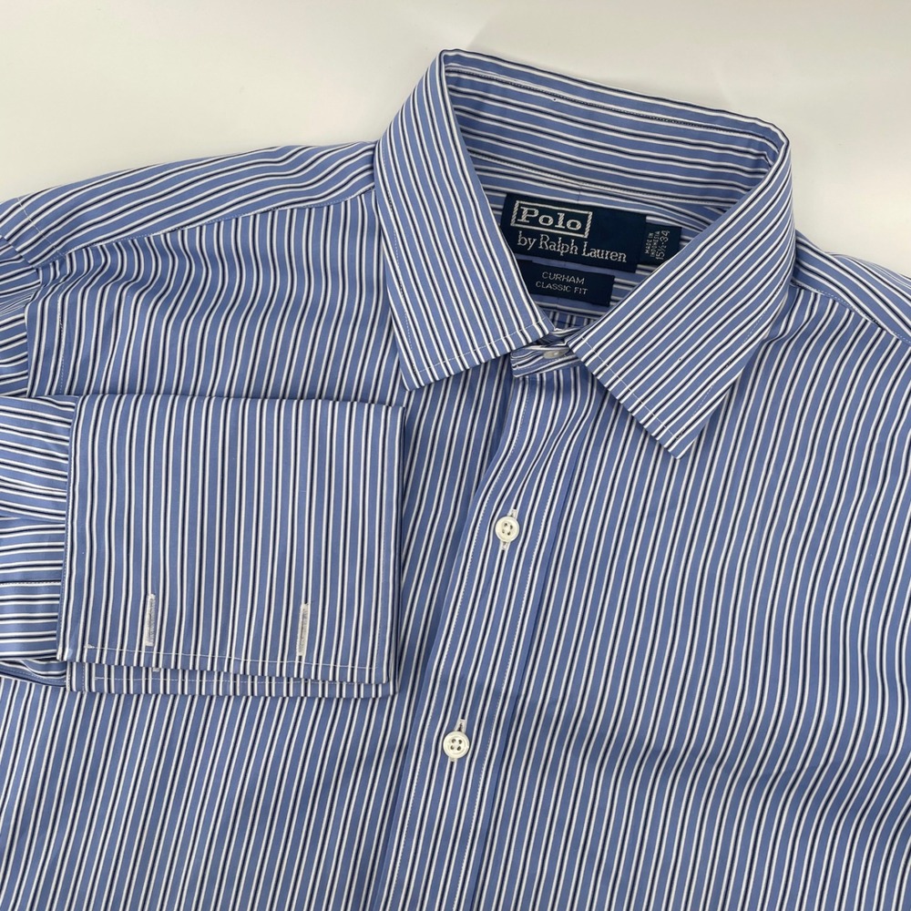 Polo Ralph Lauren Dress Shirt Men 15.5 34 Blue Stripe French Cuff Curham Classic